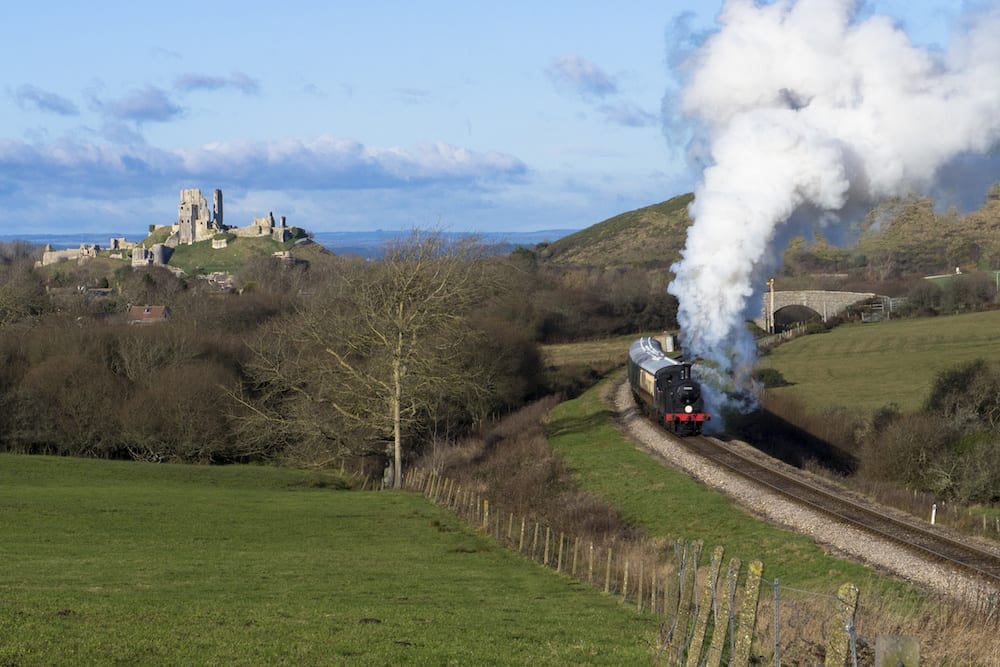 Steam Train on the Swanage Railway near Corfe Castle, Dorset